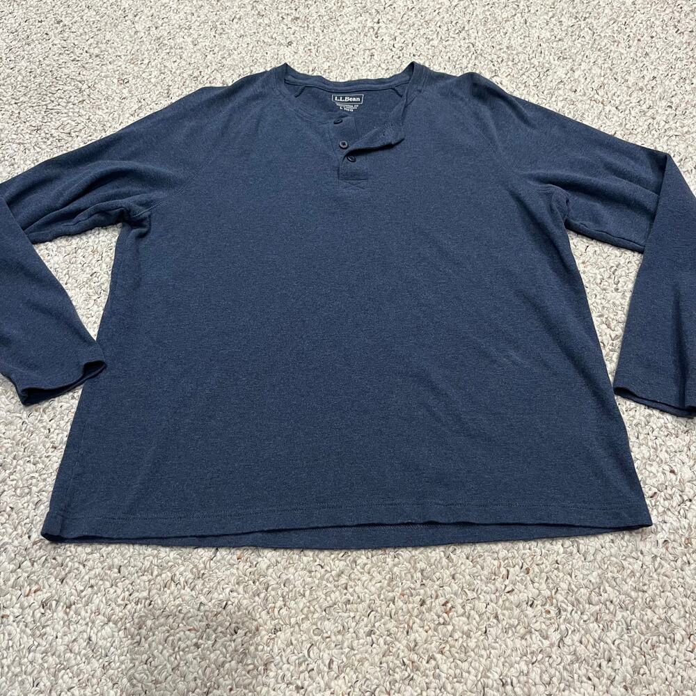LL Bean Men's Long Sleeve Henley Tee Sz L Blue Casual Cotton Preppy